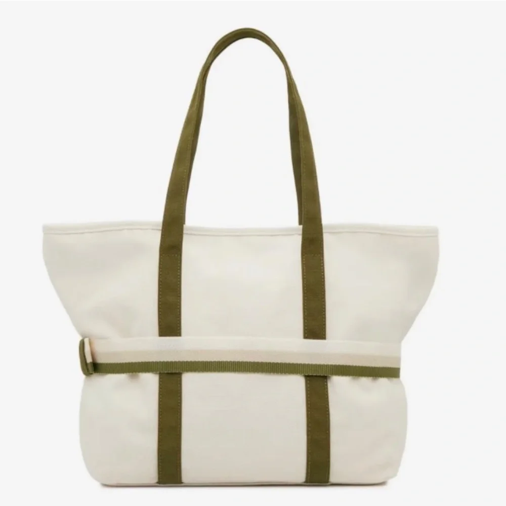 NWOT Stylish Cream Canvas Tote with Travel Band/Ivory & Green